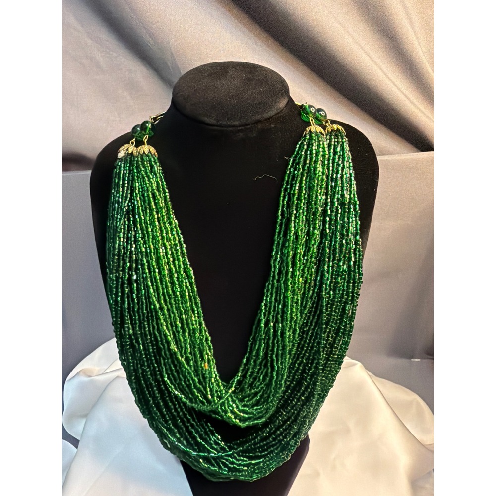 Vintage Multi Strand Emerald Green Seed Bead Statement Necklace Gold Tone Clasp